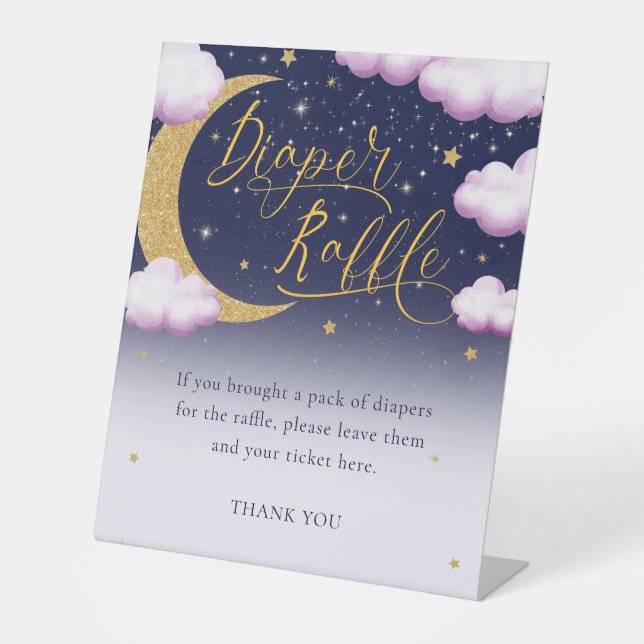 Pink Girl Babydusche über dem Mond Diaper Raffle Sockelschild (Vorderseite)