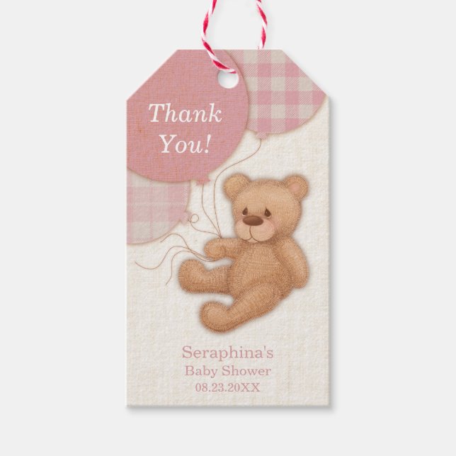 Pink Girl Balloon Teddy Bär Vielen Dank Geschenkanhänger (Vorderseite)