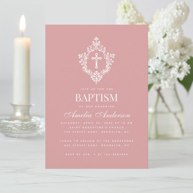 Pink Girl Baptism Cross & Crest Elegant Dusty Rose Einladung (Von Creator hochgeladen)