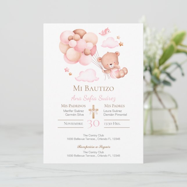 Pink Girl Baptism Invitation Einladung (Stehend Vorderseite)