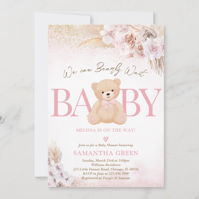 Pink Girl Bear Boho Baby Shower Einladung (Vorderseite)