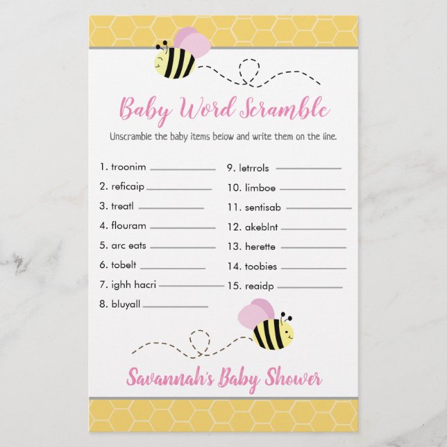 Pink Girl Bee Baby Dusche Baby Word Scramble Game (Vorderseite)