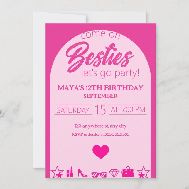 Pink Girl Birthday, Pink Besties Party Geburtstag Einladung (Vorderseite)