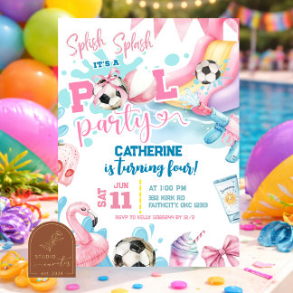  Pink Girl Bow Soccer Pool Party Birthday Invitati Einladung