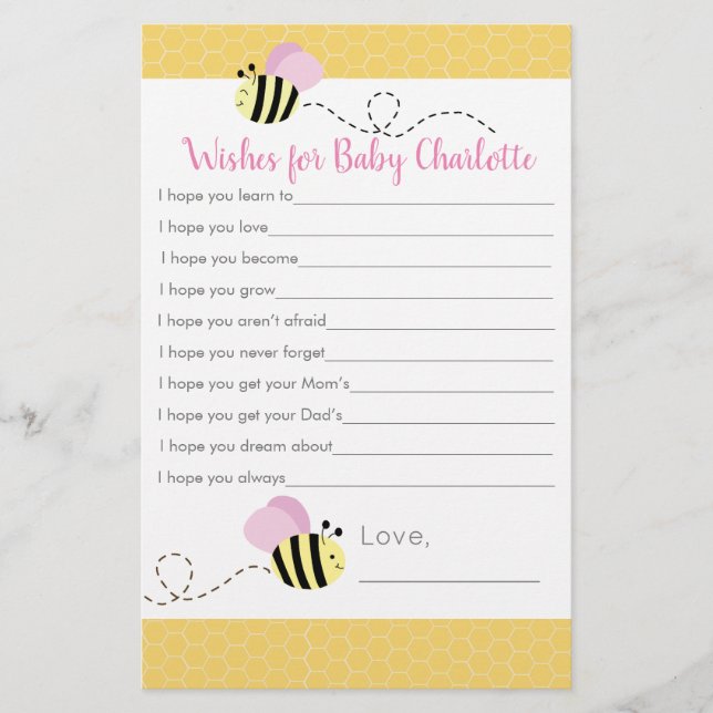 Pink Girl Bumble Bee Wünsche für Babyberatungskart (Vorderseite)