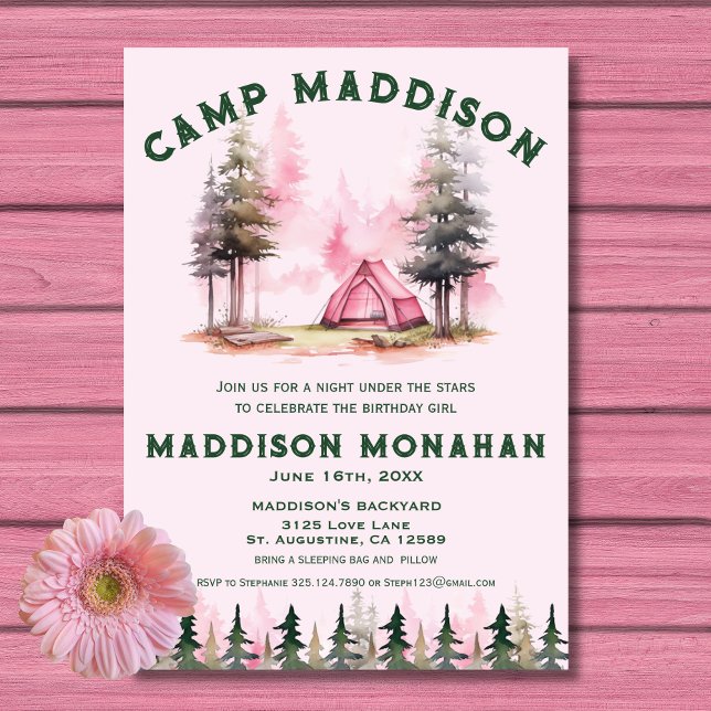 Pink Girl Camping Geburtstagseinladung Einladung (Von Creator hochgeladen)