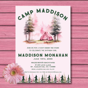 Pink Girl Camping Geburtstagseinladung Einladung