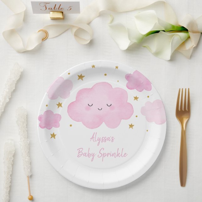 Pink Girl Cloud Stars Baby Sprinkle Pappteller (Hochzeit)