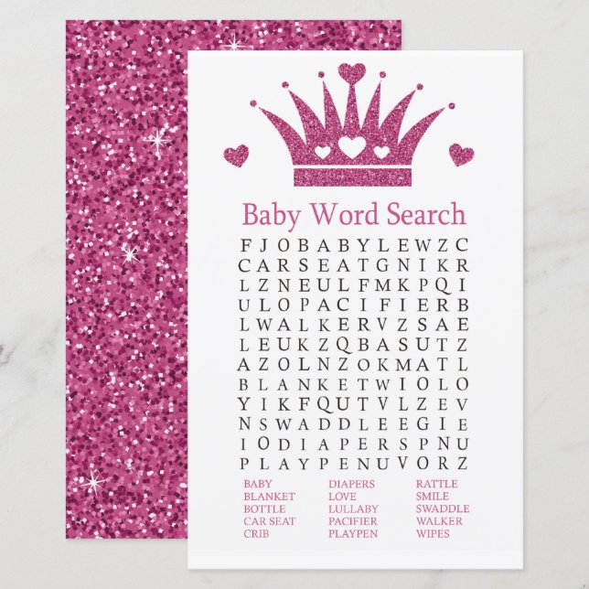 Pink Girl Crown Baby Dusche Word Search Game (Vorne/Hinten)