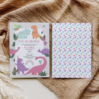 Pink Girl Dinosaur 5. Geburtstagsparty Einladung