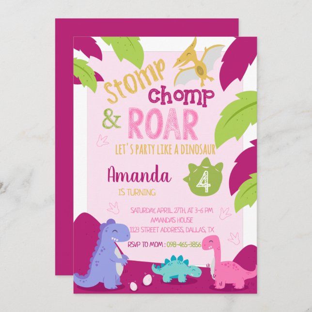 Pink Girl Dinosaur Geburtstagseinladung Einladung (Vorne/Hinten)