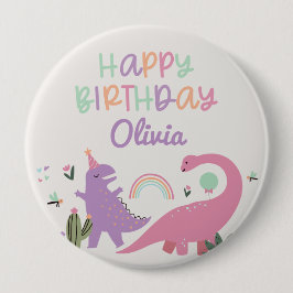 Pink Girl Dinosaur Happy Birthday Button
