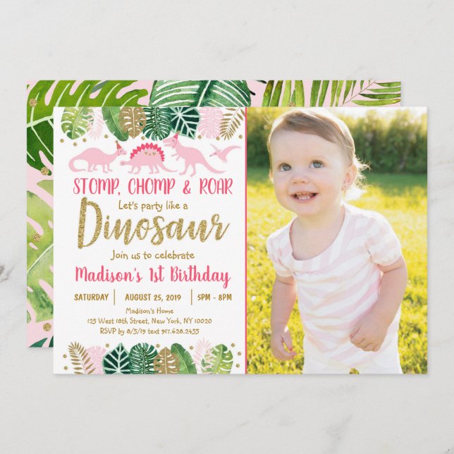 Pink Girl Dinosaur Tropical Birthday Einladung (Vorne/Hinten)
