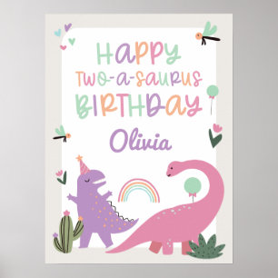 Pink Girl Dinosaurier 2. Geburtstag Party Plakatze Poster