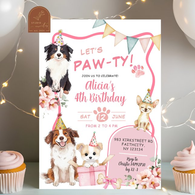 Pink Girl Dog let's Pawty Birthday Invitation Einladung (Von Creator hochgeladen)