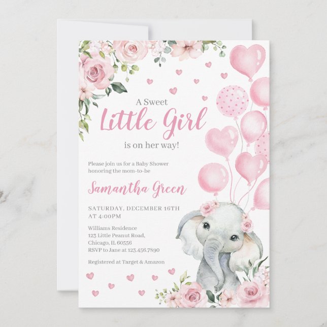 Pink Girl Elephant Baby Dusche Einladung (Vorderseite)