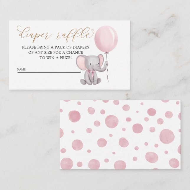 Pink Girl Elephant mit Ballon Diaper Raffel Begleitkarte (Vorne/Hinten)