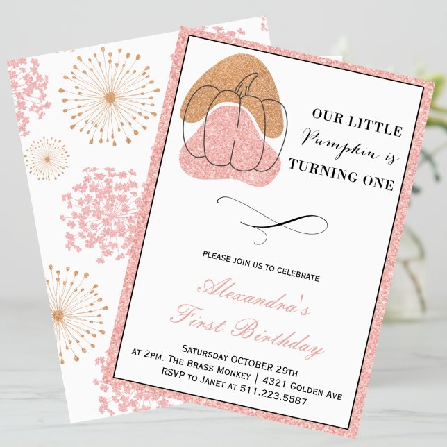Pink Girl Fall Pumpkin Halloween 1. Geburtstag Einladung (Halloween-1st-Birthday-Invitation-Pink-Girl-Fall-Pumpkin-1)