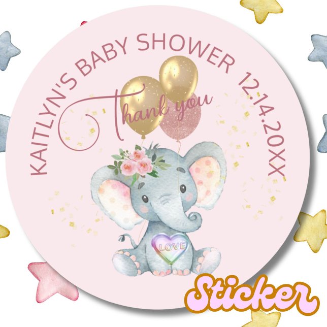 Pink Girl Floral Elephant Baby Dusche Vielen Dank Runder Aufkleber (Von Creator hochgeladen)