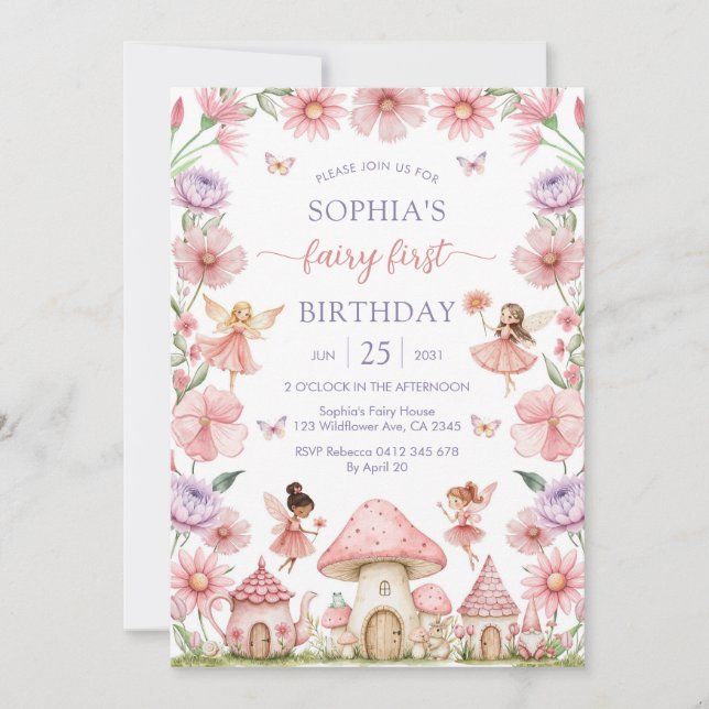 Pink Girl Floral Fairy First 1st Birthday Einladung (Vorderseite)