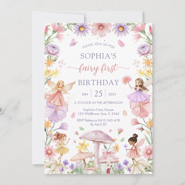 Pink Girl Floral Fairy First 1st Birthday Einladung (Vorderseite)