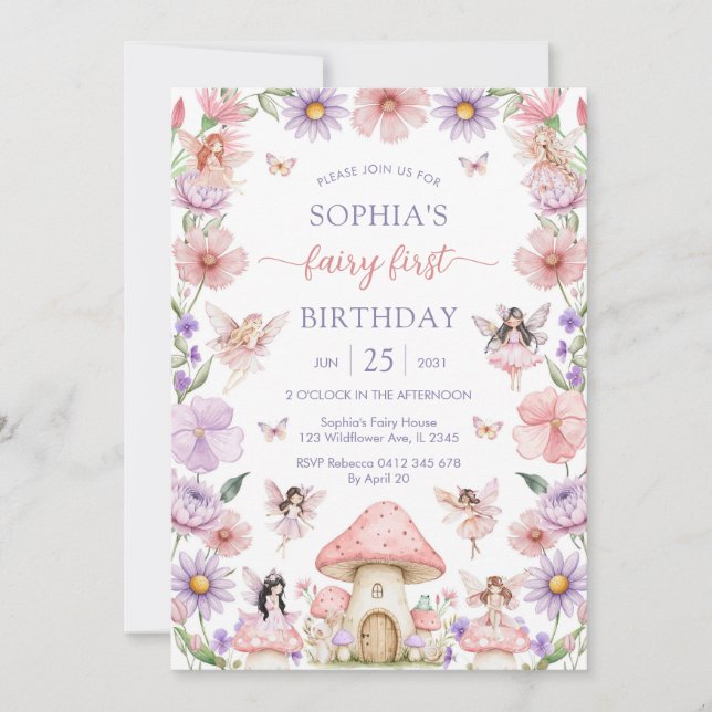 Pink Girl Floral Fairy First 1st Birthday Einladung (Vorderseite)