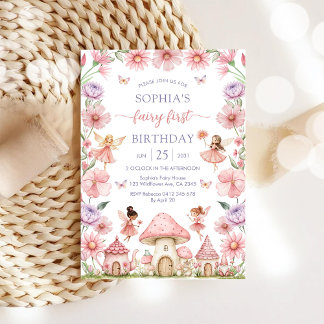 Pink Girl Floral Fairy First 1st Birthday Einladung