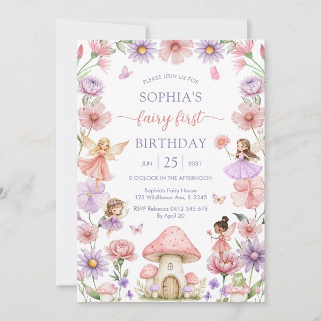 Pink Girl Floral Fairy First 1st Birthday Einladung (Vorderseite)