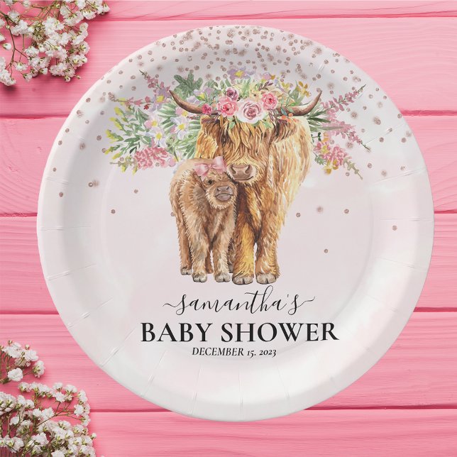 Pink Girl Floral Highland Kuh Calf Baby Dusche Pappteller (Von Creator hochgeladen)
