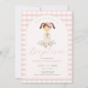Pink Girl Gingham Wildblumen Christening Taufe Einladung