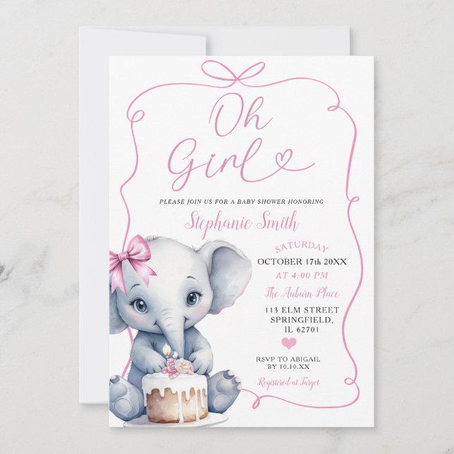 Pink Girl Handgezeichnet mit Bow Elephant Babydusc Einladung (Vorderseite)