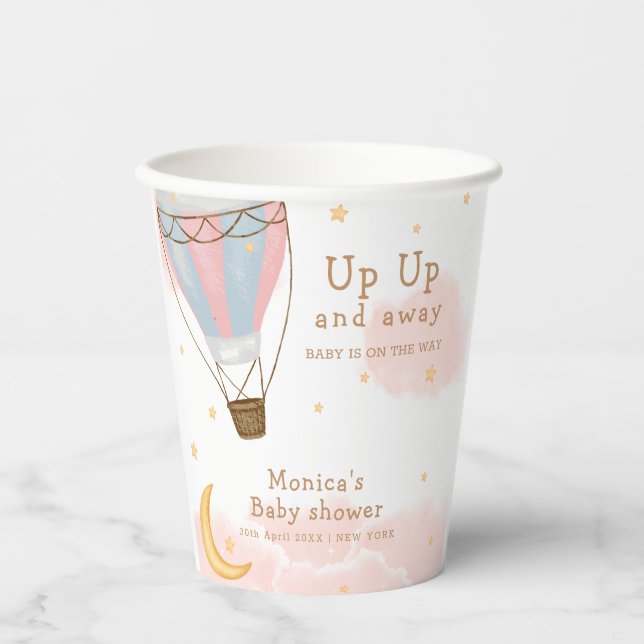 Pink Girl Hot Air Ballon Moon Star Baby Dusche Pappbecher (Vorderseite)