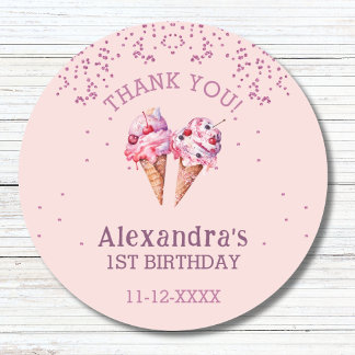 Pink Girl Ice Cream 1. Geburtstag Vielen Dank Runder Aufkleber