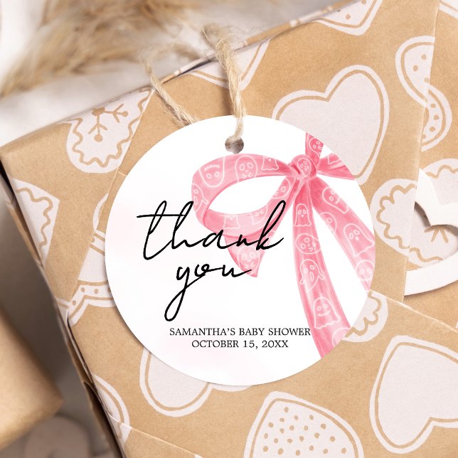Pink Girl Little Boo Halloween Baby Dusche Runde Geschenkanhänger (Pink Bow Little Boo Coquette Halloween Baby Shower Round Favor Tags)