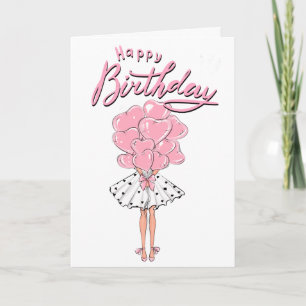 Pink Girl mit Herzballon Geburtstag Karte