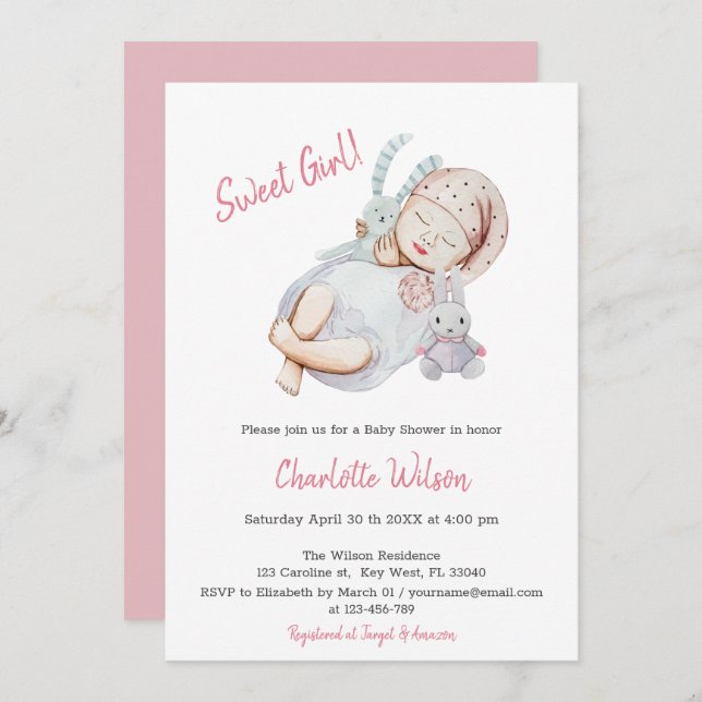 Pink Girl Newborn Baby Dusche Einladung (Vorne/Hinten)