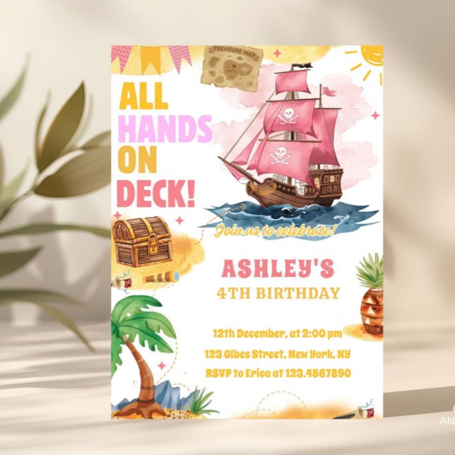 Pink Girl Pirate Thema Geburtstag Einladung (pink girl pirate theme invitation, girl pirate, pirate invitation, pirate theme, pirate birthday, pi)