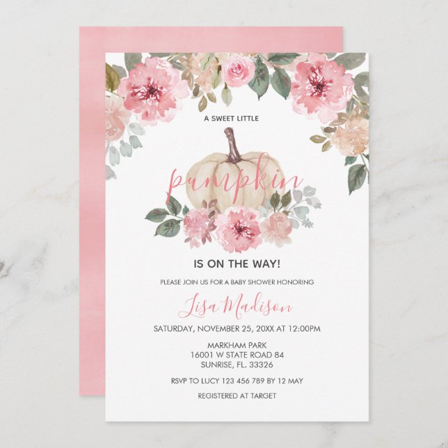 Pink Girl Pumpkin ist auf der Way Baby Dusche Einladung (Vorne/Hinten)