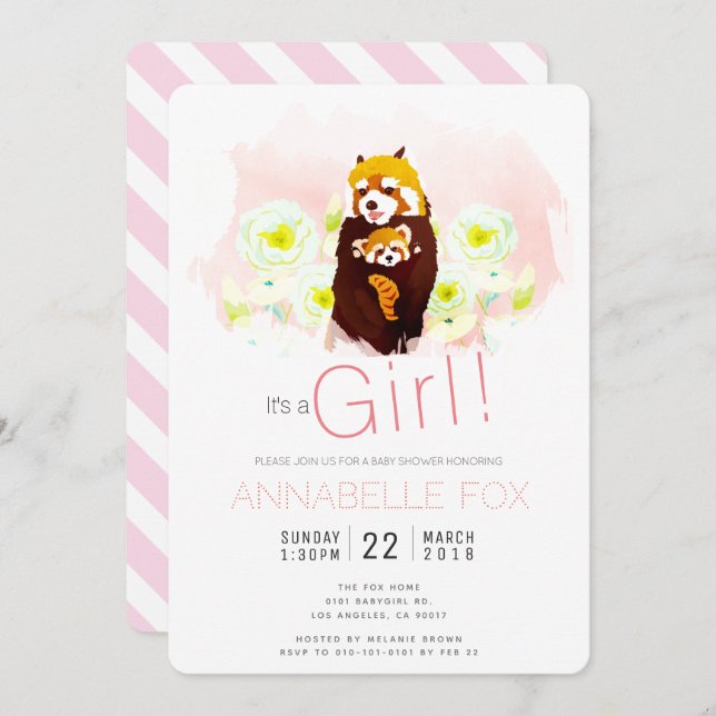Pink Girl 'Red Panda' Baby Shower Einladungskarte Einladung (Vorne/Hinten)