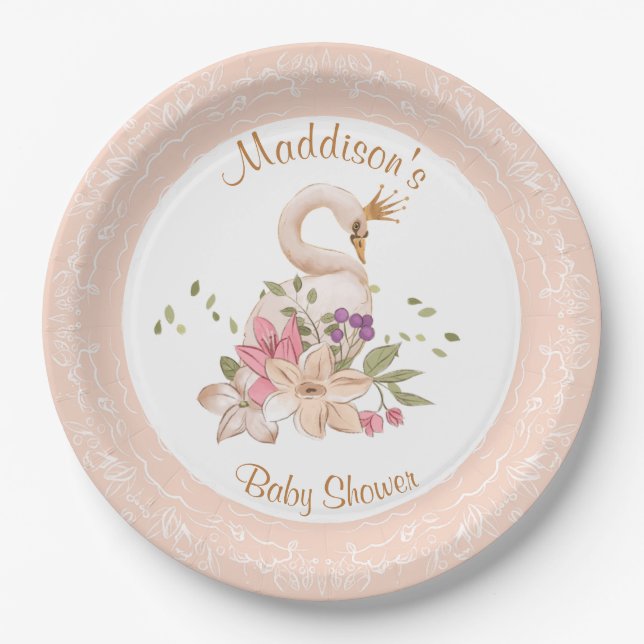 Pink Girl Swan Birthday Baby Shower Paper Plate Pappteller (Vorderseite)