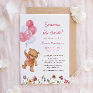 Pink Girl Teddy Bear 1. Geburtstag Einladung