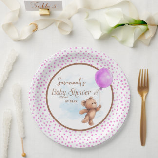 Pink Girl Teddy Bear Babydusche Papierplatte Pappteller