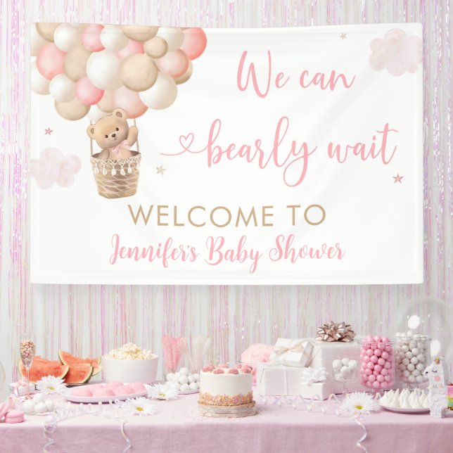Pink Girl Teddy Bear Hot Air Ballon Babydusche Banner (Party)