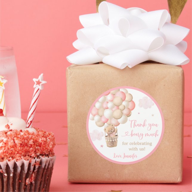 Pink Girl Teddy Bear Hot Air Ballon Babydusche Runder Aufkleber (Party)