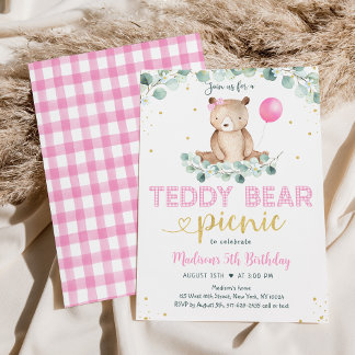 Pink Girl Teddy Bear Picnic Geburtstag Einladung