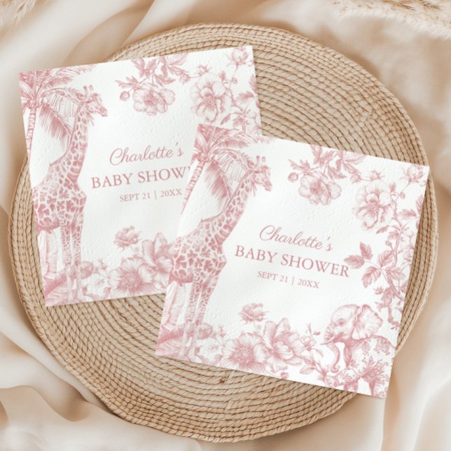 Pink Girl Toile de Jouy Safari Animals Baby Dusche Serviette (Pink Girl Toile de Jouy Safari Animals Baby Shower Napkins)