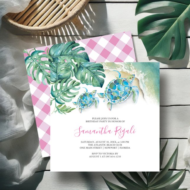 Pink Girl Tropical Sea Turtle Gingham Birthday Einladung (Birthday invitations watercolor sea turtle and monstera palm leaf art by Victoria Grigaliunas)