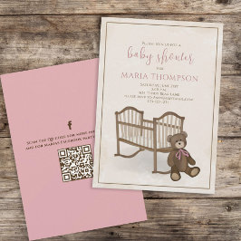 Pink Girl Vintag Teddy Bear QR Code Social Media Einladung