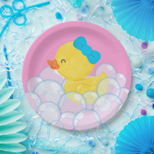 Pink Girl Watercolor Rubber Duck Party Pappteller