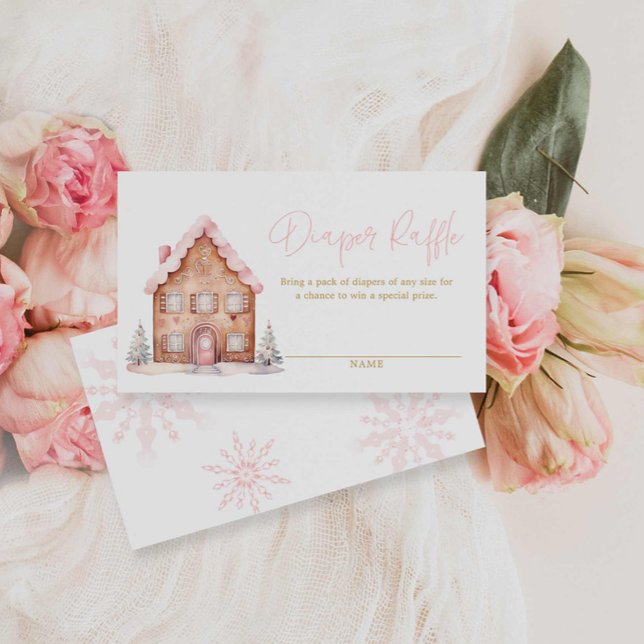Pink Girl Weihnachts-Windeln-Raffel-Ticket Begleitkarte (Pink Winter Gingerbread House Baby shower Diaper Raffle Ticket)